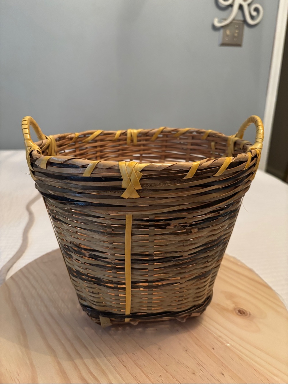 Vintage Bamboo Woven Basket with Handles Square Base Round Top Asian Boho